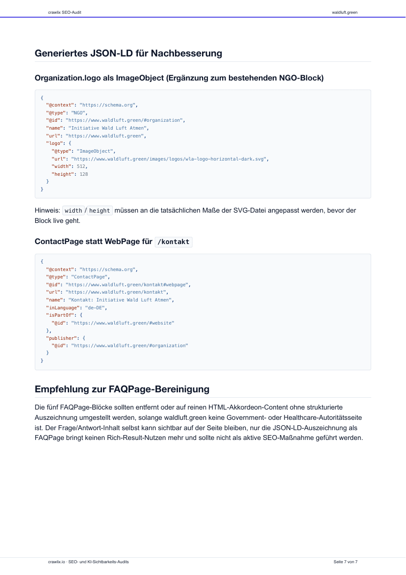 Code-Seite mit generiertem JSON-LD zum Kopieren