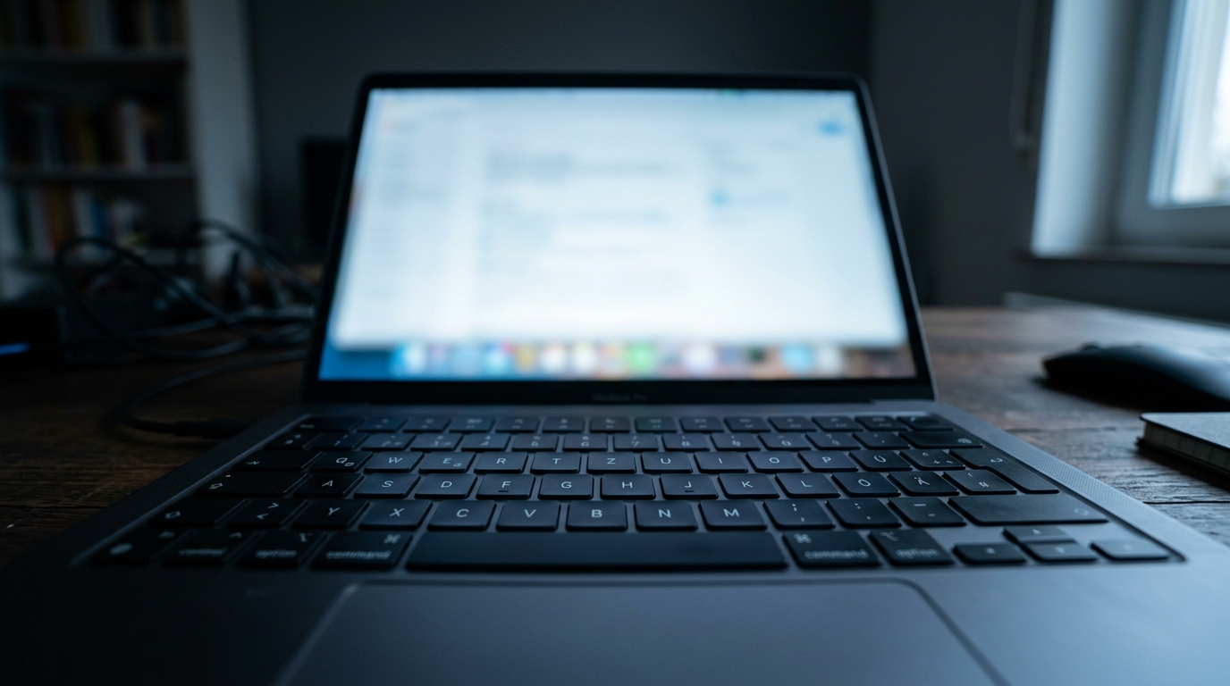 Flache Aufsicht über eine Laptoptastatur, der unscharfe Bildschirm leuchtet in einem abgedunkelten Raum